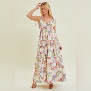 Ivory Multi-Color Floral Smocked Tiered Maxi Dress with Tie Straps Med